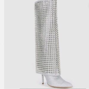 Gianni Bini Lowry Crystal Rhinestone Glitter Stiletto Foldover Pointy Boots